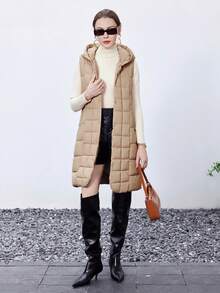 SHEIN BIZwear Áo khoác dài trùm đầu có dây rút, thắt lưng có đệm cho nữ, Quần áo mùa đông - Màu Khaki - Xem 6