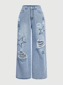 ROMWE Grunge Punk Washed Ripped Wide-leg Jeans