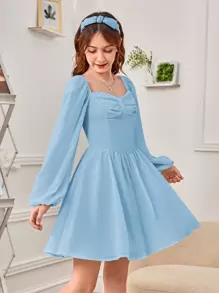 SHEIN Teen Girl Sweetheart Neck Ruched Bust Lantern Sleeve Dress - Baby Blue - View 6