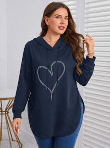 SHEIN LUNE Áo nỉ cỡ lớn có dây rút in hình trái tim đính đá - Màu xanh hải quân - Xem 4