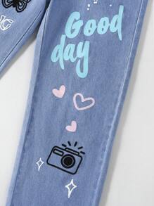 Tween Girl Letter & Butterfly Print Wide Leg Jeans - Light Wash - View 5