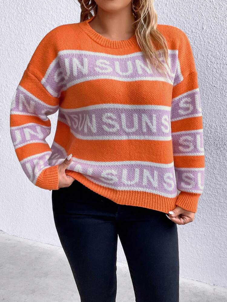Plus Letter Pattern Colorblock Drop Shoulder Sweater Knit Pullover Fall Winter Sweater