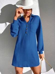 SHEIN Essnce Nút Nửa Thả vai Vá Túi Váy dệt kim waffle - Xanh đậm - Xem 6