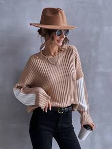 SHEIN Essnce 撞色落肩袖套頭毛衣 - 卡其色 - 查看 5