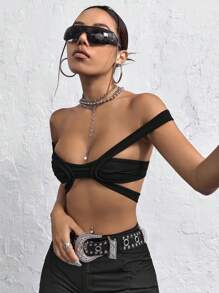 SHEIN ICON Solid Off Shoulder Open Back Crop Top - Black - View 3