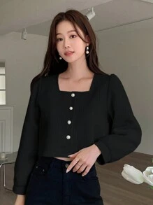 DAZY 女士商务休闲纯色方领衬衫，秋季服装长袖上衣 - 黑色 - 查看 3