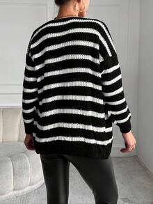SHEIN Sọc Thả vai Áo len Mở - Đen và trắng - Xem 2