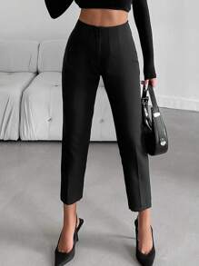 EURMUSE Solid Cropped Carrot Pants - Black - View 4