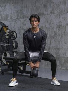 Manfinity Sport Corelite 男士 Geo 印花插肩袖運動 T 卹鍛鍊上衣 - 黑色 - 查看 4