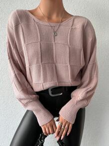 EURMUSE Women's Round Neck Solid Color Drop Shoulder Loose Knitted Sweater - Dusty Pink - View 5