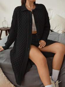 Flirla Plus Drop Shoulder Cable Knit Cardigan - Black - View 5