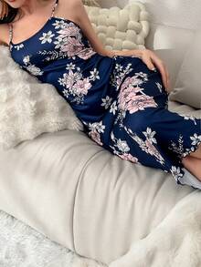 Floral Printed Spaghetti Strap Dress - Blue - View 3