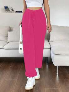 SHEIN Unity Solid Drawstring Waist Slant Pocket Sweatpants - Hot Pink - View 3