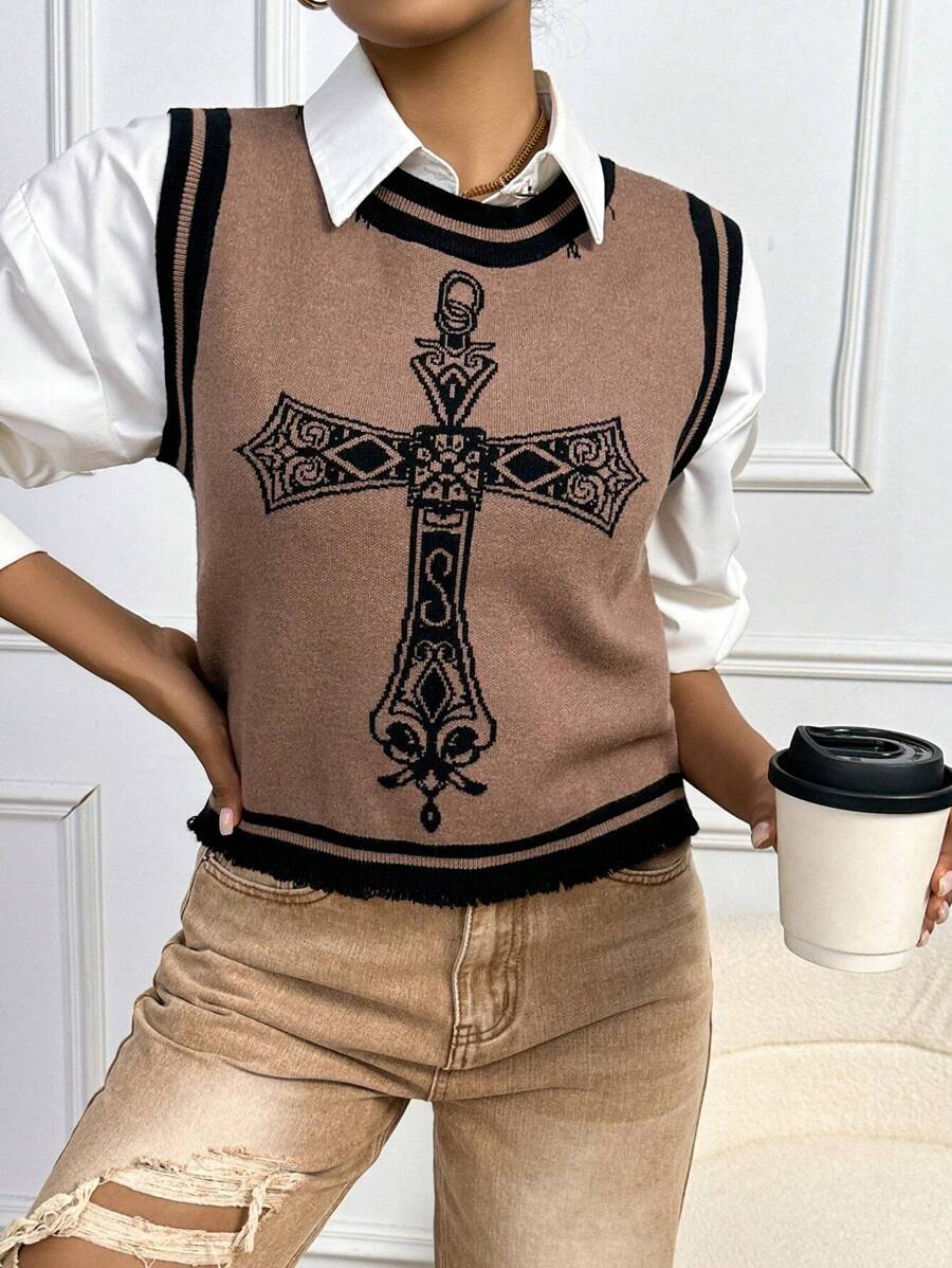 SHEIN Unity Cross Pattern Striped Trim Sweater Vest Without Blouse - Khaki - View 1