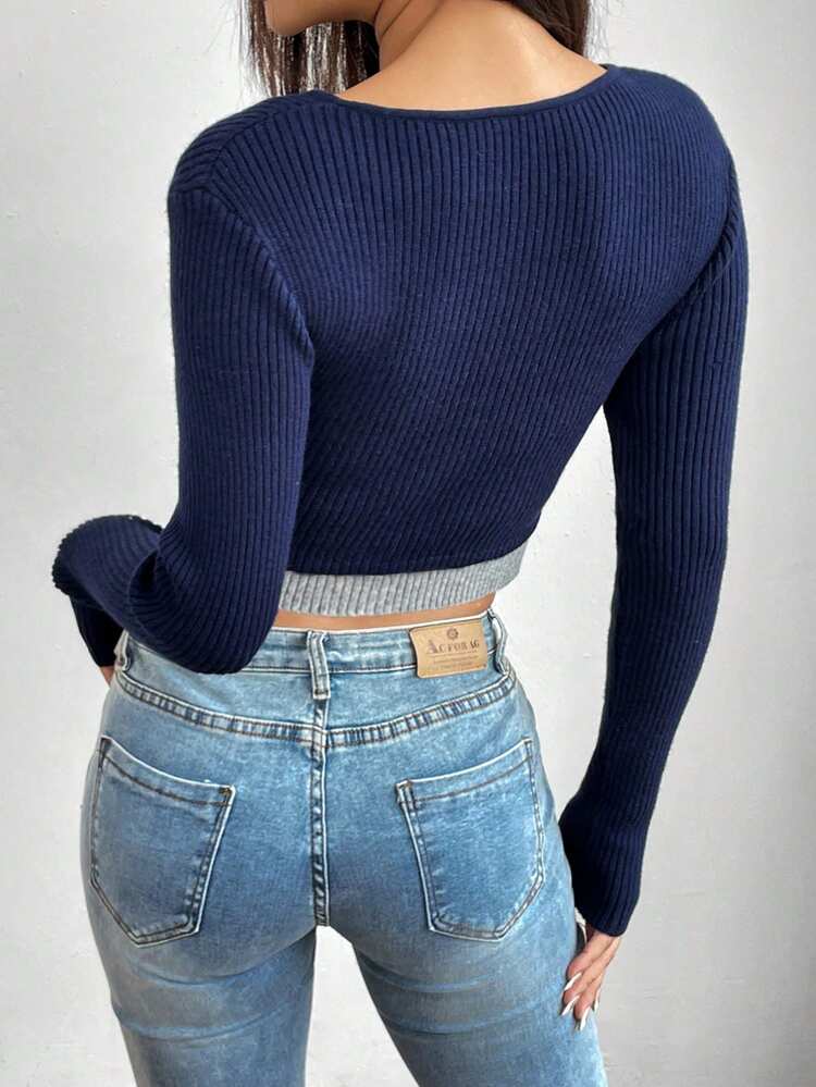 Notched Neck 2 In 1 Crop Knit Pullover Fall Winter Sweater