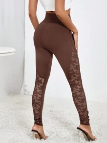 SHEIN Privé Contrast Lace Wideband Waist Leggings - Coffee Brown - View 2