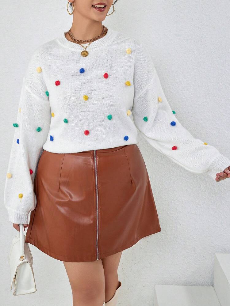 Plus Pom Pom Detail Drop Shoulder Sweater Knit Pullover Fall Winter Sweater