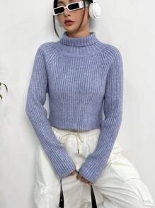 SHEIN Unity Turtleneck Cut Out Wrap Cross Back Raglan Sleeve Sweater Knit Pullover Fall Winter Outfit - Blue - View 5