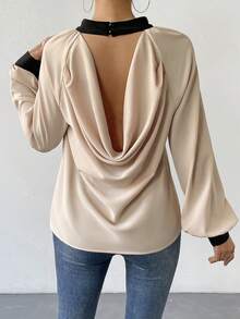 SHEIN Privé Draped Backless Lantern Sleeve Blouse - Multicolor - View 2