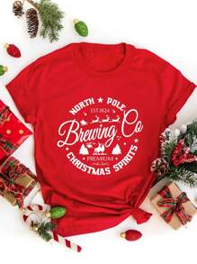 SHEIN EZwear 大碼聖誕圖案T恤 - 紅色 - 查看 1