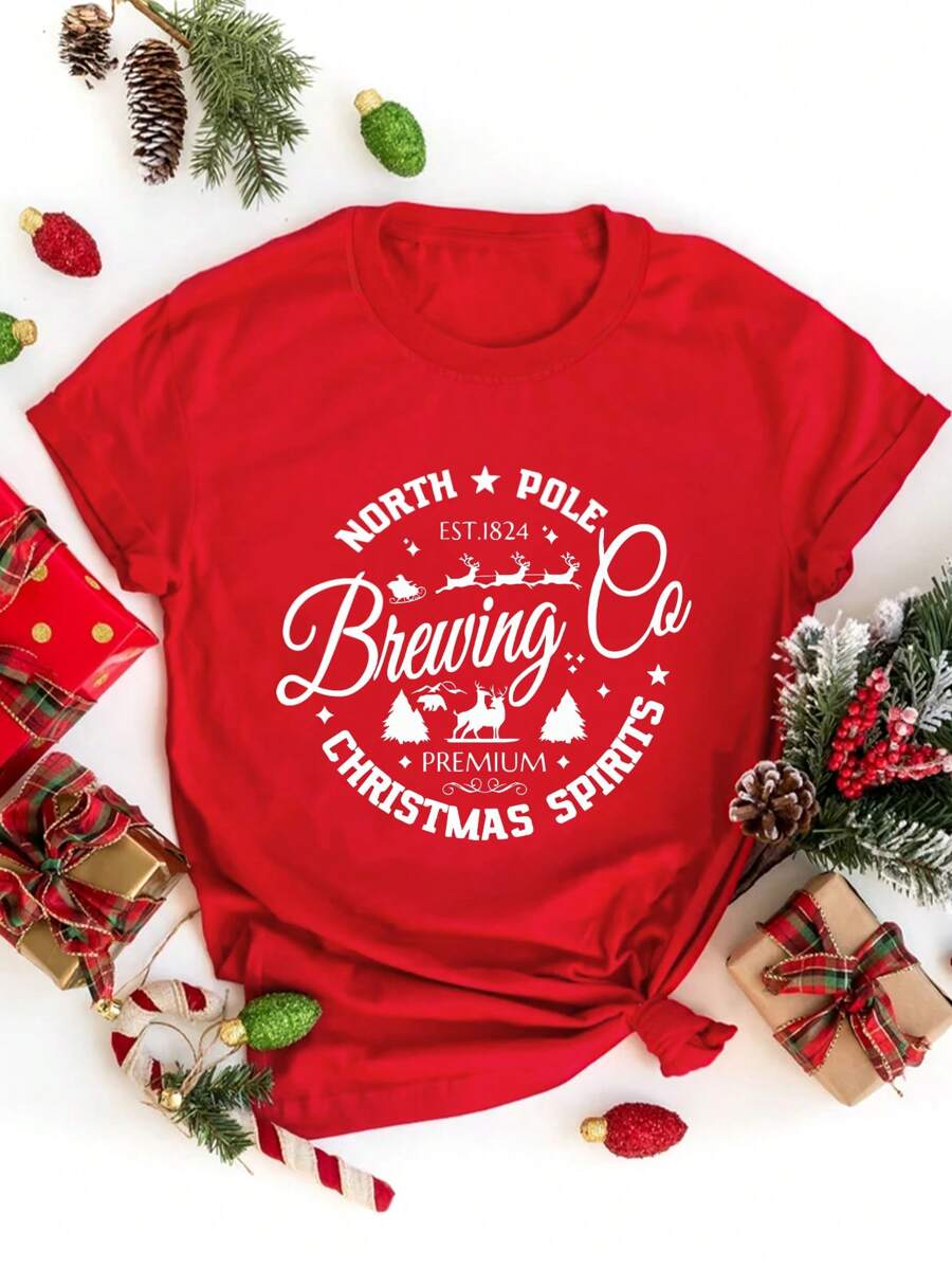 SHEIN EZwear 大碼聖誕圖案T恤 - 紅色 - 查看 1