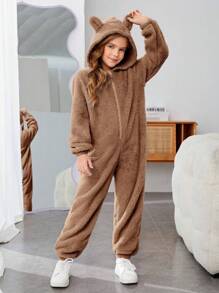 SHEIN Tween Girl Zip Up 3D Ear Design Hooded Teddy Jumpsuit - Camel - View 3