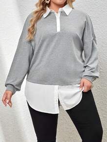 SHEIN Essnce Plus Two Tone Drop Shoulder 2 In 1 Sweatshirt - Light Grey - View 5