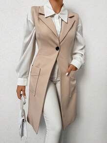 RueChic 1pc Dual Pocket Single Button Vest Blazer - Khaki - View 3