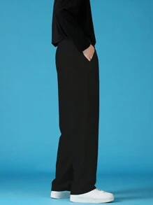 Men Drawstring Waist Straight Leg Pants - Black - View 2