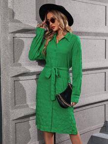 SHEIN Clasi Drop Shoulder Belted Shirt Dress - Green - View 3