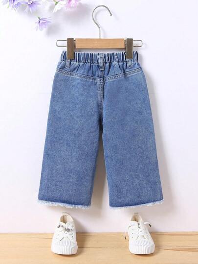 Quần Jeans Denim Bé Gái, Ống Thẳng, Thiết Kế Viền Rách Vá, Cạp chun, Vải Denim Xanh Dương Giặt Nhẹ, Phong Cách Nông Thôn Thường Ngày, Thích Hợp Cho Các Buổi Đi Chơi, Trường Mẫu Giáo, Trang Phục Hàng Ngày, Cuối Tuần, Có Thể Kết Hợp Với Áo Ngắn Tay/Dài Tay