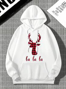 男士小鹿&字母圖案袋鼠口袋抽繩保暖連帽衫 - 白色 - 查看 1