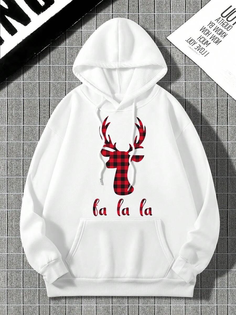 男士小鹿&字母圖案袋鼠口袋抽繩保暖連帽衫 - 白色 - 查看 1