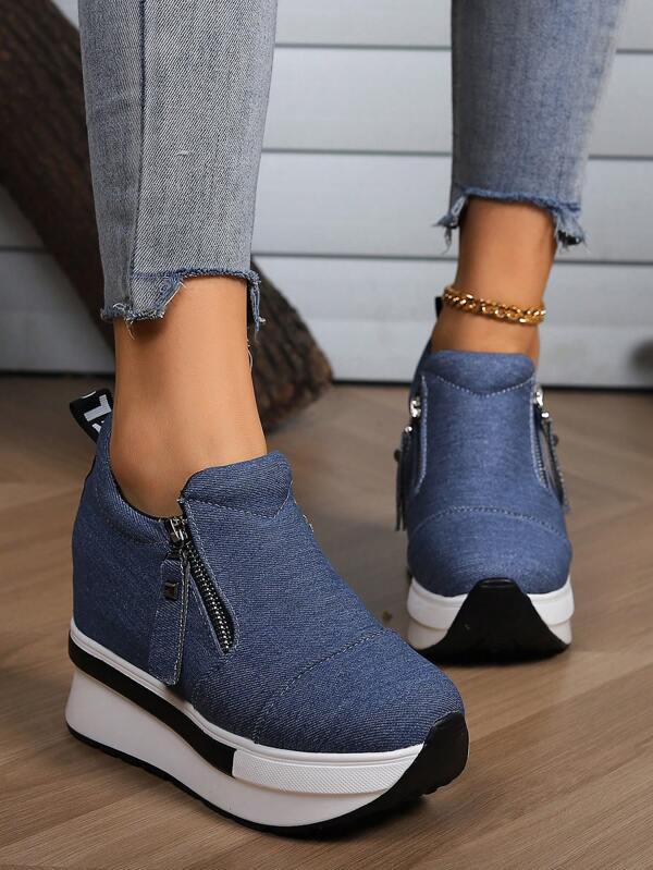 Women's Wedge Platform Casual Sneakers With Dual Zipper, Denim Blue