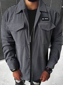 Manfinity Homme Men's Patch Flip Pocket Shacket , Corduroy - Dark Grey - View 1