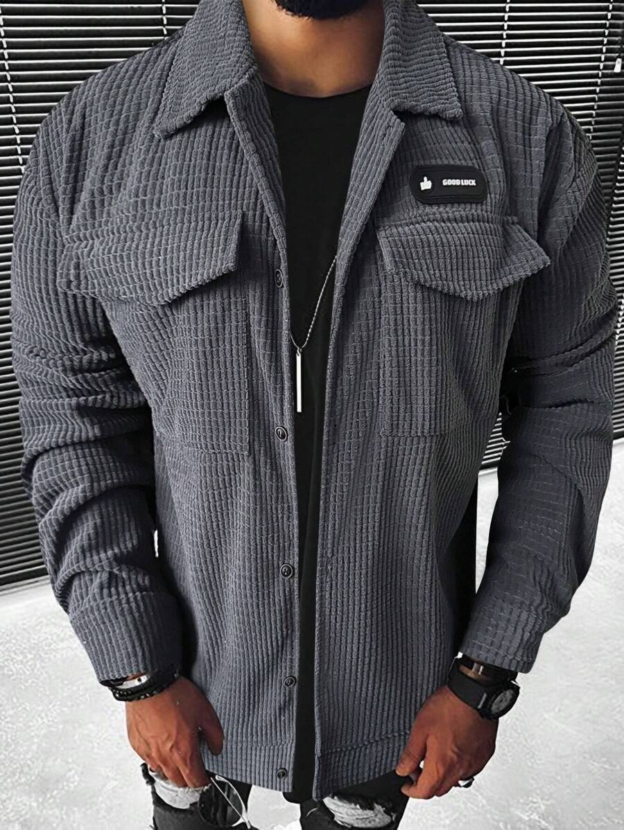 Manfinity Homme Men's Patch Flip Pocket Shacket , Corduroy - Dark Grey - View 1