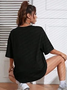 SHEIN EZwear 花和標語圖案落肩T恤 - 黑色 - 查看 2