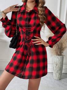 Chiquease Plaid Print Lace Up Front Shirt Dress - Red - View 5