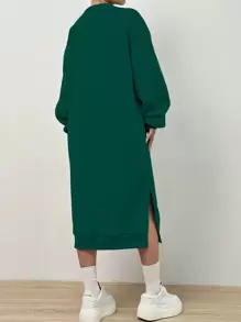 SHEIN Unity Drop Shoulder Split Hem Sweatshirt Dress Pullover Fall Outfit - Dark Green - View 2