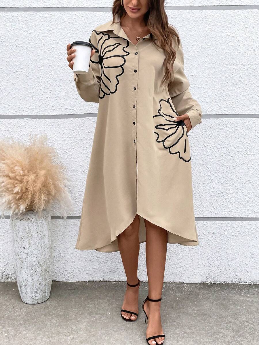 SHEIN LUNE Floral Print Button Front Shirt Dress - Khaki - View 1