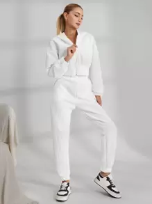 EURMUSE 2pcs Women Set: Solid Color Drop Shoulder Long Sleeve Hooded Crop Top And Elastic Waist Pants - White - View 5