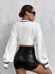 SHEIN ICON Crop Pullover mit Herz Stickerei, Streifen Zopfstrick Drop Shoulder - Weiss - Übersicht 2