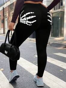 SHEIN Coolane 大碼骷髏手掌圖案緊身打底褲 - 黑色 - 查看 5