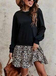 Chiquease 豹紋印花落肩袖假兩件洋裝 - 黑色 - 查看 4