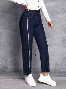 SHEIN LUNE Raw Trim Tapered Jeans - Blue - View 4