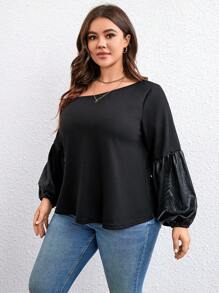 SHEIN LUNE Plus Asymmetrical Neck Lantern Sleeve Waffle Knit Top