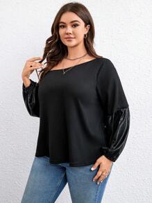 SHEIN LUNE Plus Asymmetrical Neck Lantern Sleeve Waffle Knit Top