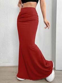 SHEIN Frenchy Chất rắn Xù Váy nàng tiên cá - Gỗ đỏ - Xem 5