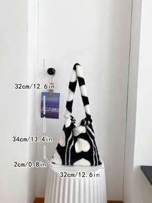 ROMWE Kawaii Women's Plush Heart & Striped Pattern Shoulder Bag - Black and White - View 4