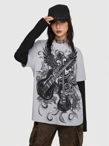 ROMWE Grunge Punk Guitar & Wings Print Drop Shoulder 2 in 1 Tee - Grey - View 5